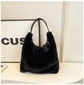Chic black faux fur shoulder bag with leather handle and matching fluffy pompom charm - Black