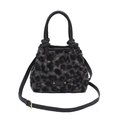 Dunkelgraue Leoparden-Eimertasche aus Kunstpelz mit schwarzem Knotengriff und Goldnieten - Dunkelgrau Leopard
