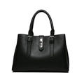 Three-piece black litchi pattern leather tote bag with silver metal twist lock - Black