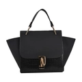 Black trapezoid handbag with gold lock and faux crocodile leather texture panels - Black
