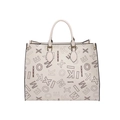 Bolso tote crema con estampado de letras vintage y elegantes asas metálicas - Blanco