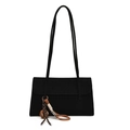 Minimalist black suede shoulder bag with retro brown woven pendant on white background - Black