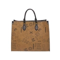 Bolso tote de cuero marrón con estampado de monograma clásico y asas finas de mujer - Marrón Oscuro