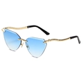 Retro rimless cat-eye sunglasses with blue gradient lenses and wavy gold metal temples - Gold Frame Blue Gradient