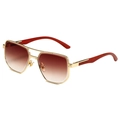 Retro square pilot sunglasses with gold double bridge frames and wood grain temples - Gold Frame Gradient Tea