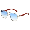 Retro square pilot sunglasses with blue gradient lenses and wood grain temples - Silver Frame Blue Gradient