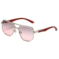 Aviator square sunglasses with silver metal frame and pink gradient lenses with wood temples - Silver Frame Grey Pink