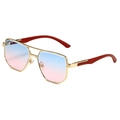 Retro square pilot sunglasses with wood grain temples and blue-pink gradient lenses - Gold Frame Blue to Pink Gradient