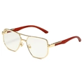 Retro square pilot glasses with gold metal frames and reddish wood grain temples - Gold Frame Clear Lens