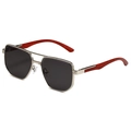 Retro pilot sunglasses with silver metal double bridge and redwood texture temples - Silver Frame Grey Lens