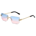 Frameless square sunglasses with blue-pink gradient lenses and gold twisted metal temples - Gold Frame Blue to Pink Gradient