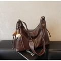 Detailed stitching and baseball charm on coffee brown faux leather tote bag - Brown