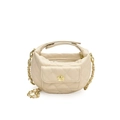 Cream quilted crossbody bag with gold floral buckle and chain strap on white background - White
