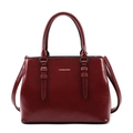 Borsa tote retrò rosso scuro in pelle lucida con scritte dorate e tracolla rimovibile - Borgogna