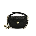 Mini black quilted crossbody bag with gold camellia flower buckle and chain strap - Black