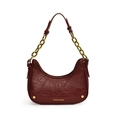 Burgunderfarbene Halbmond-Tasche aus plissiertem Leder mit goldener Kettendekoration - Burgunderrot