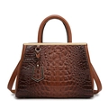 Brown crocodile embossed tote bag with gold metal trim and adjustable strap - Dark Brown