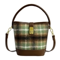 Sac seau en laine à carreaux avec garniture en cuir et fermoir doré pour porter croisé - Vert (Carreaux Vert Marron Blanc)