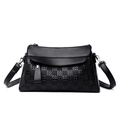 Black leather crossbody bag with checkered pattern and kangaroo logo detailing - Black