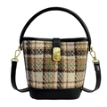 Vintage green plaid tweed bucket bag with black leather trim and golden clasp lock - Yellow (Brown Green Beige Plaid)