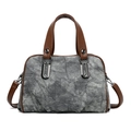 Borsa Boston vintage in denim grigio con manici in pelle marrone e tracolla regolabile - Nero