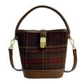 Retro plaid bucket bag with deep red and green tweed patterns and brown leather trim - Red (Red & Green Plaid)