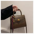 Retro dark brown Kelly style handbag with top handle and decorative woven tassel - Without Pendant / Coffee
