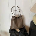 Minimalist deep brown faux leather tote bag with soft pleats and double shoulder straps - Green