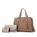 Three-piece women's bag set including brown tote bag and grey crocodile pattern clutch - Khaki