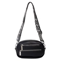 Black pebbled leather crossbody round bag with geometric wide strap and dual zippers - Black