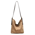 Large camel suede shoulder tote bag with brown leather straps and gold metal buckles - Beige
