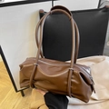 Vintage brown PU leather Boston bag with stitch detail and long dual shoulder straps - Brown