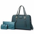 3-piece forest green PU leather handbag set with tote, wallet and card holder - Blue