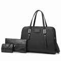 Three-piece black PU leather bag set with lychee texture and gold-tone hardware - Black