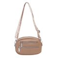 Khaki cross-body camera bag with litchi texture and patterned wide shoulder strap - Khaki