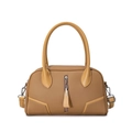 Minimalist camel pebbled leather handbag with silver zipper and double handles - Khaki