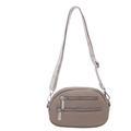 Taupe pebbled leather crossbody bag with dual zipper design and geometric strap - Dark Gray