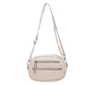 Beige pebble texture mini crossbody round bag with dual zippers and wide strap - White