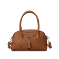 Brown litchi grain leather bowling bag with twin handles and fringe zipper detail - Brown