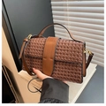 Brown woven texture handbag with flap closure and magnetic clasp in retro british style - Orange