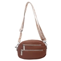 Dark brown pebbled leather crossbody bag with geometric wide strap and silver zippers - Brown