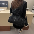 Minimalist black lychee texture handbag with silver hardware and detachable strap - Black