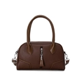 Dark brown textured leather Boston bag with decorative tassels and silver metal hardware - Brown
