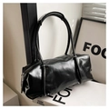 Glossy black PU leather Boston barrel bag with minimalist retro shoulder strap design - Black