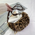 Leopard print faux fur crescent bag with a knotted brown rope shoulder strap - Khaki