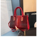 Dettaglio della trama a coccodrillo rossa su una borsa a mano di lusso lucida - Rosso