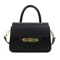 Elegant black PU leather handbag with woven texture flap and golden lock closure - Black
