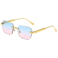 Frameless square sunglasses featuring blue and pink gradient lenses with gold metal temples - Gold Frame Blue to Pink Gradient