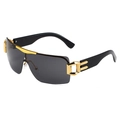Y2K rimless one-piece sunglasses with gold metal accents in dark grey lenses - Black Legs Gray Lens