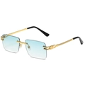 Frameless rectangular sunglasses with light blue gradient lenses and gold metal temples - Gold Frame Gradient Green